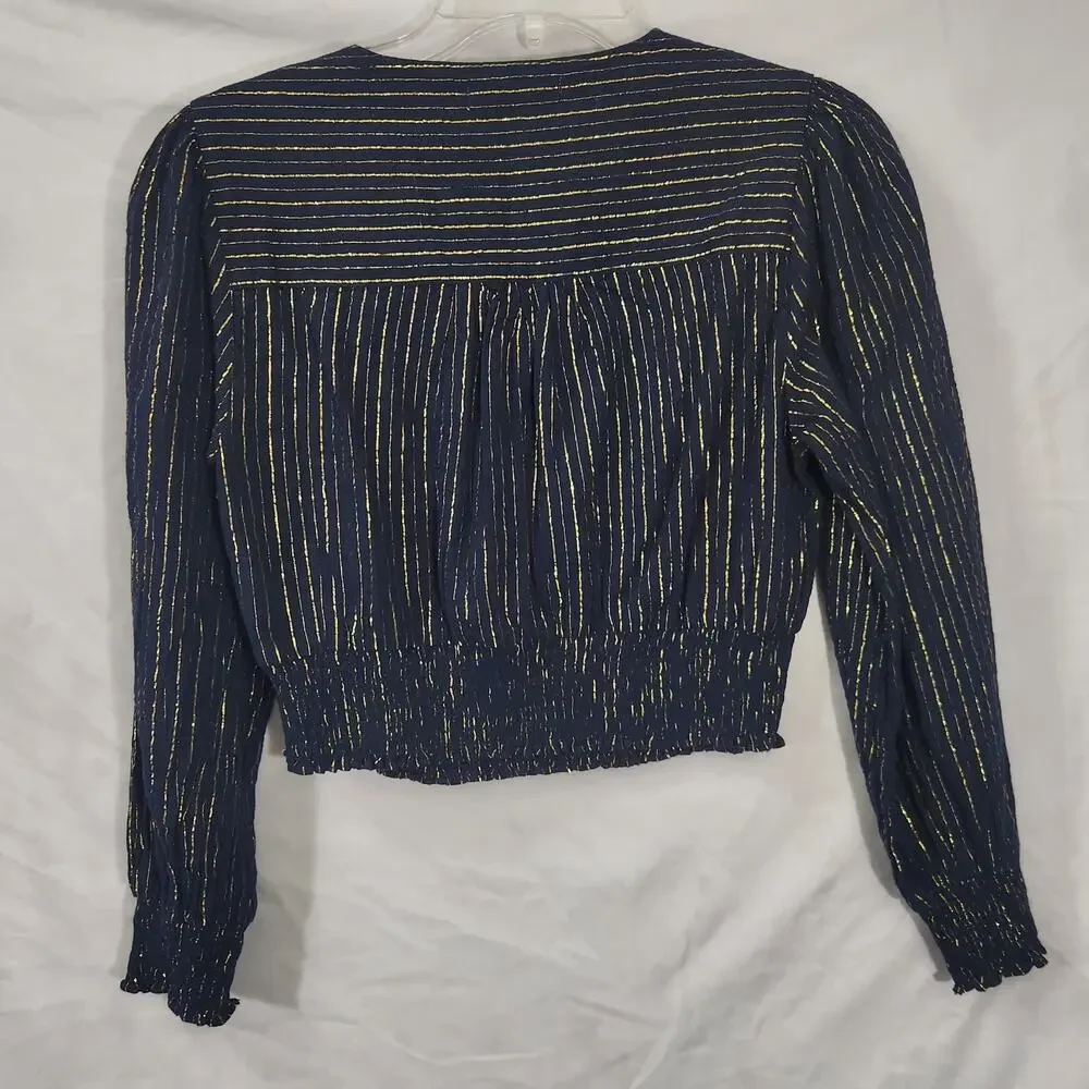Boden Navy Gold Striped Lurex Smocked Cropped Blouse Top Size 4 Balloon Sleeve
